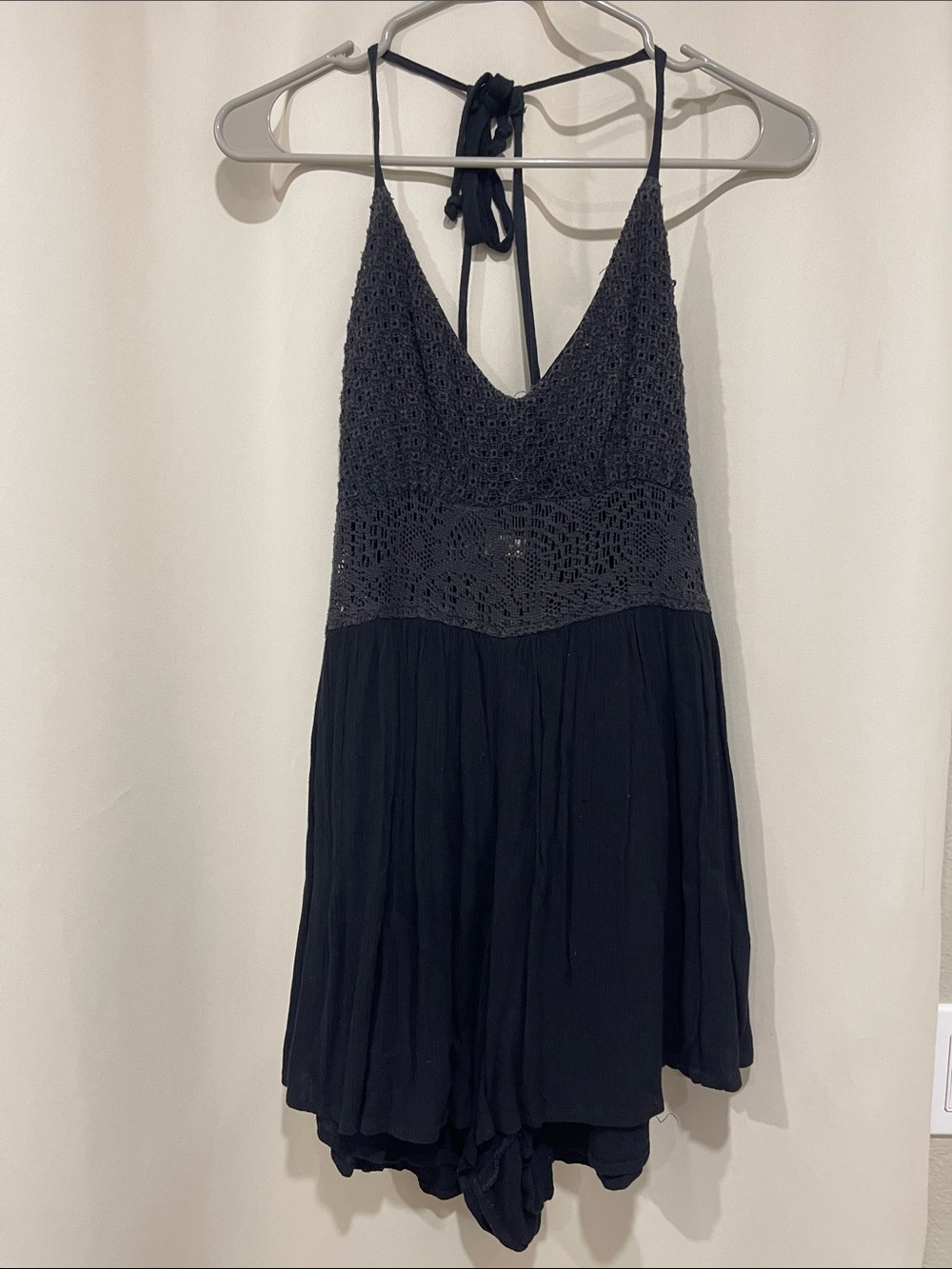 Black Crochet Halter Romper Dress